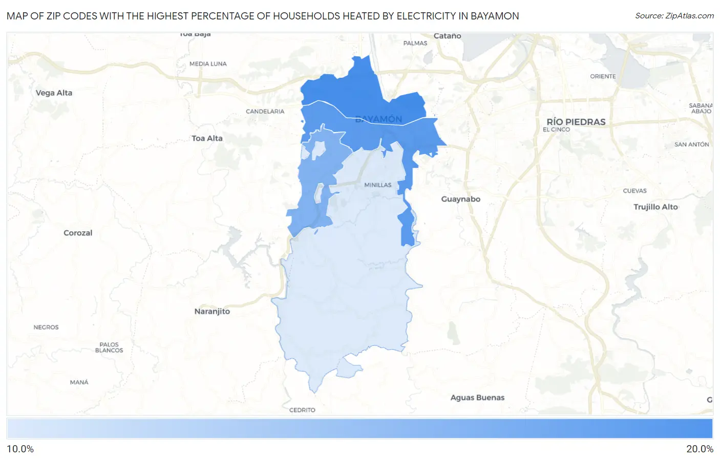 Zip Codes with the Highest Percentage of Households Heated by Electricity in Bayamon Map