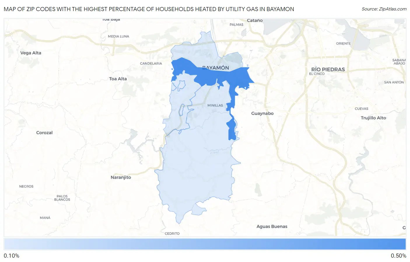 Zip Codes with the Highest Percentage of Households Heated by Utility Gas in Bayamon Map