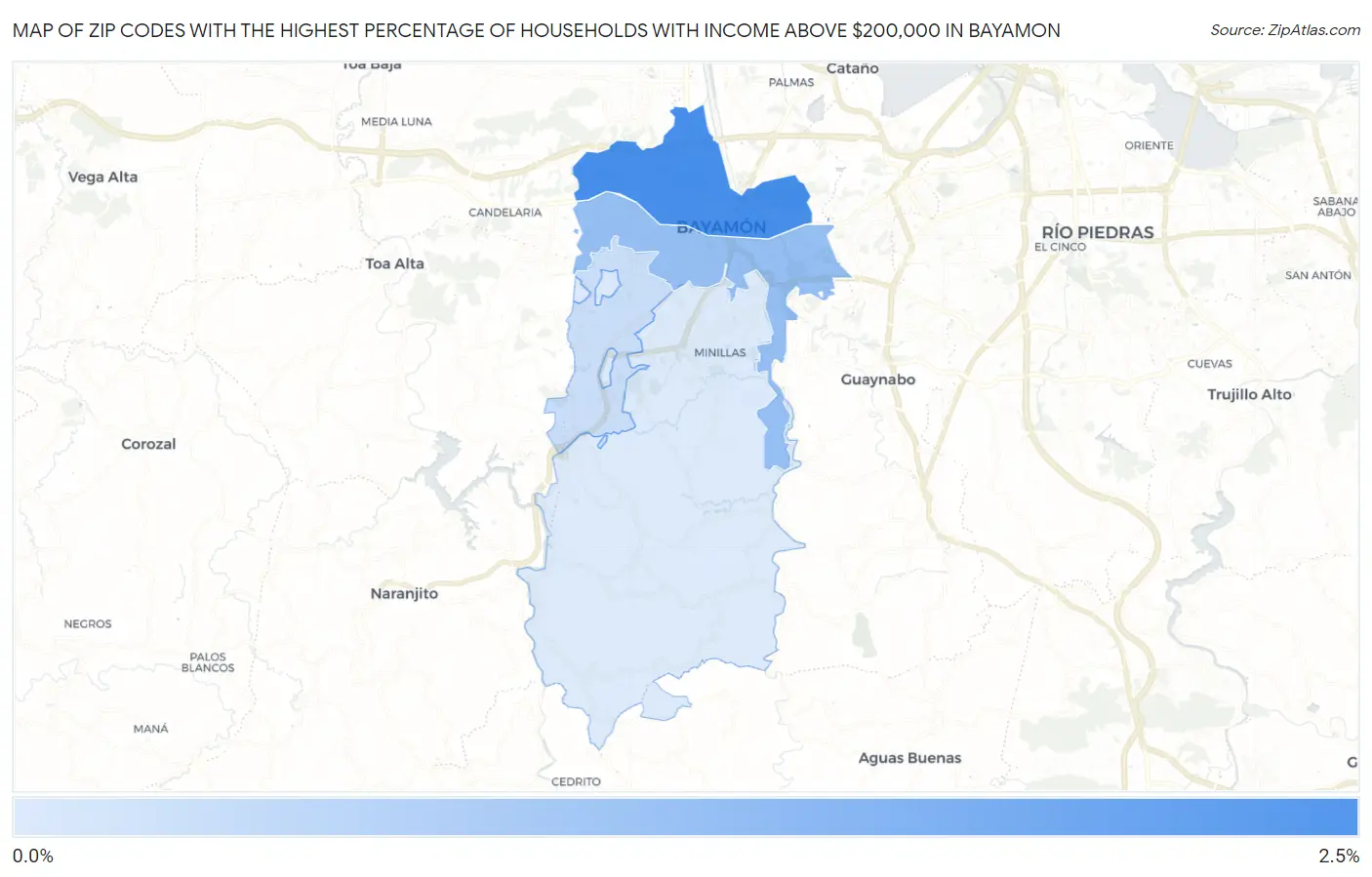 Zip Codes with the Highest Percentage of Households with Income Above $200,000 in Bayamon Map