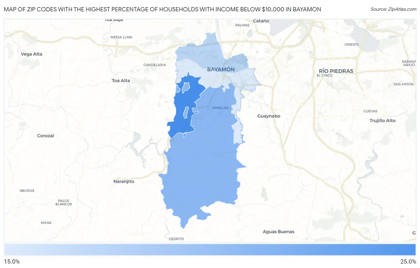 Zip Codes with the Highest Percentage of Households with Income Below $10,000 in Bayamon Map