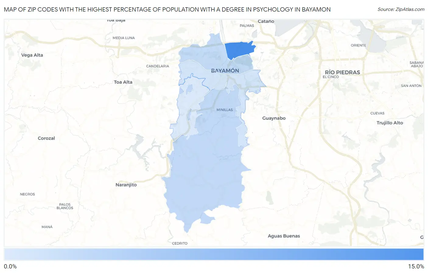 Zip Codes with the Highest Percentage of Population with a Degree in Psychology in Bayamon Map