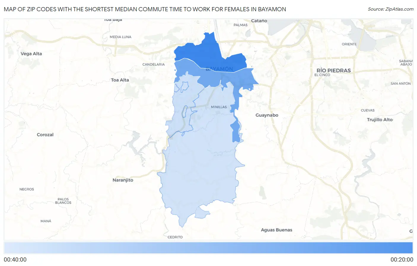 Zip Codes with the Shortest Median Commute Time to Work for Females in Bayamon Map