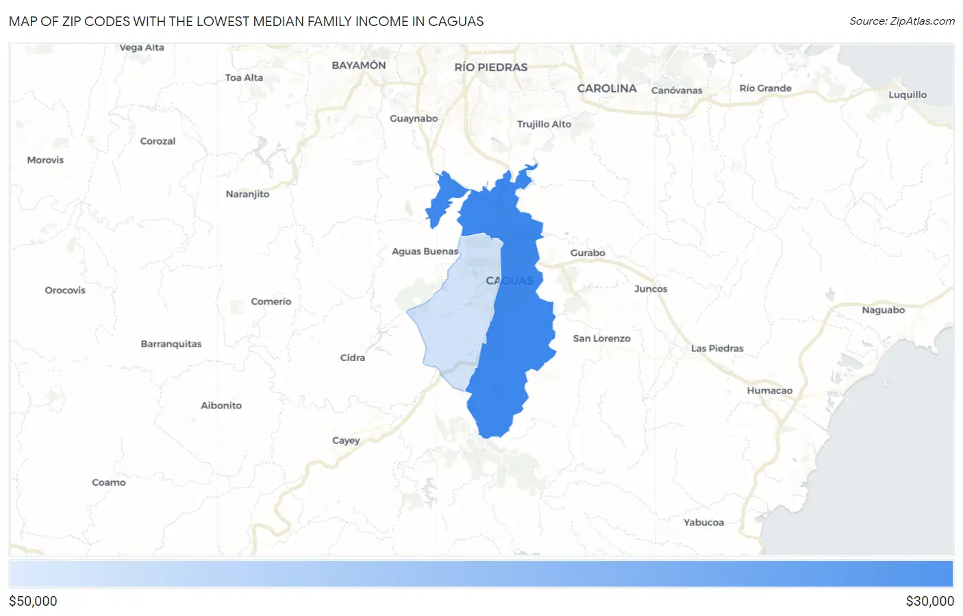 Zip Codes with the Lowest Median Family Income in Caguas Map