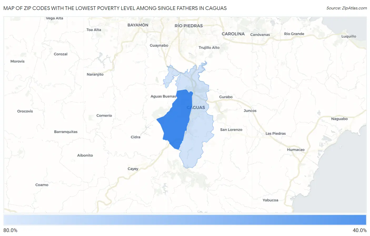 Zip Codes with the Lowest Poverty Level Among Single Fathers in Caguas Map
