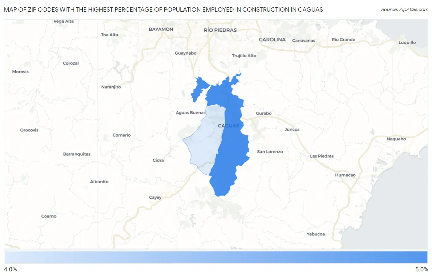 Zip Codes with the Highest Percentage of Population Employed in Construction in Caguas Map