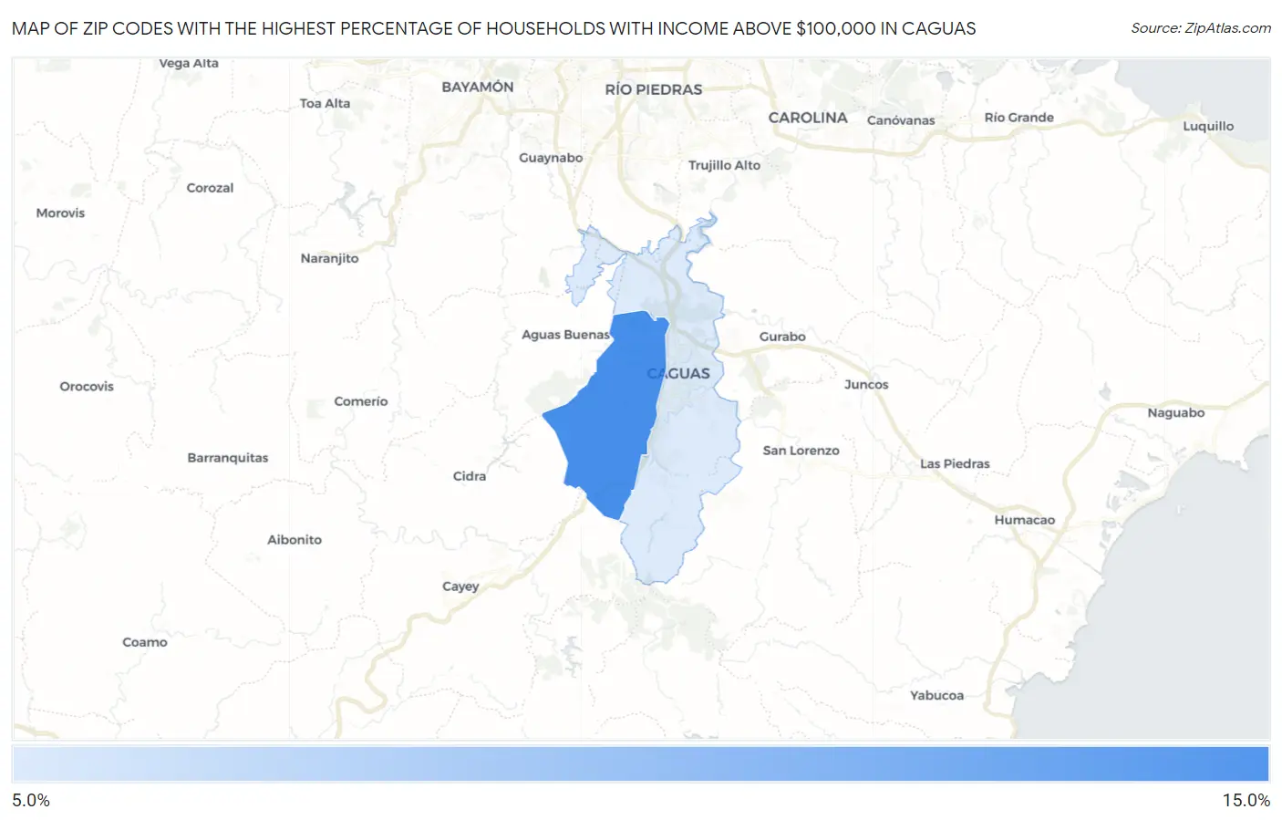 Zip Codes with the Highest Percentage of Households with Income Above $100,000 in Caguas Map
