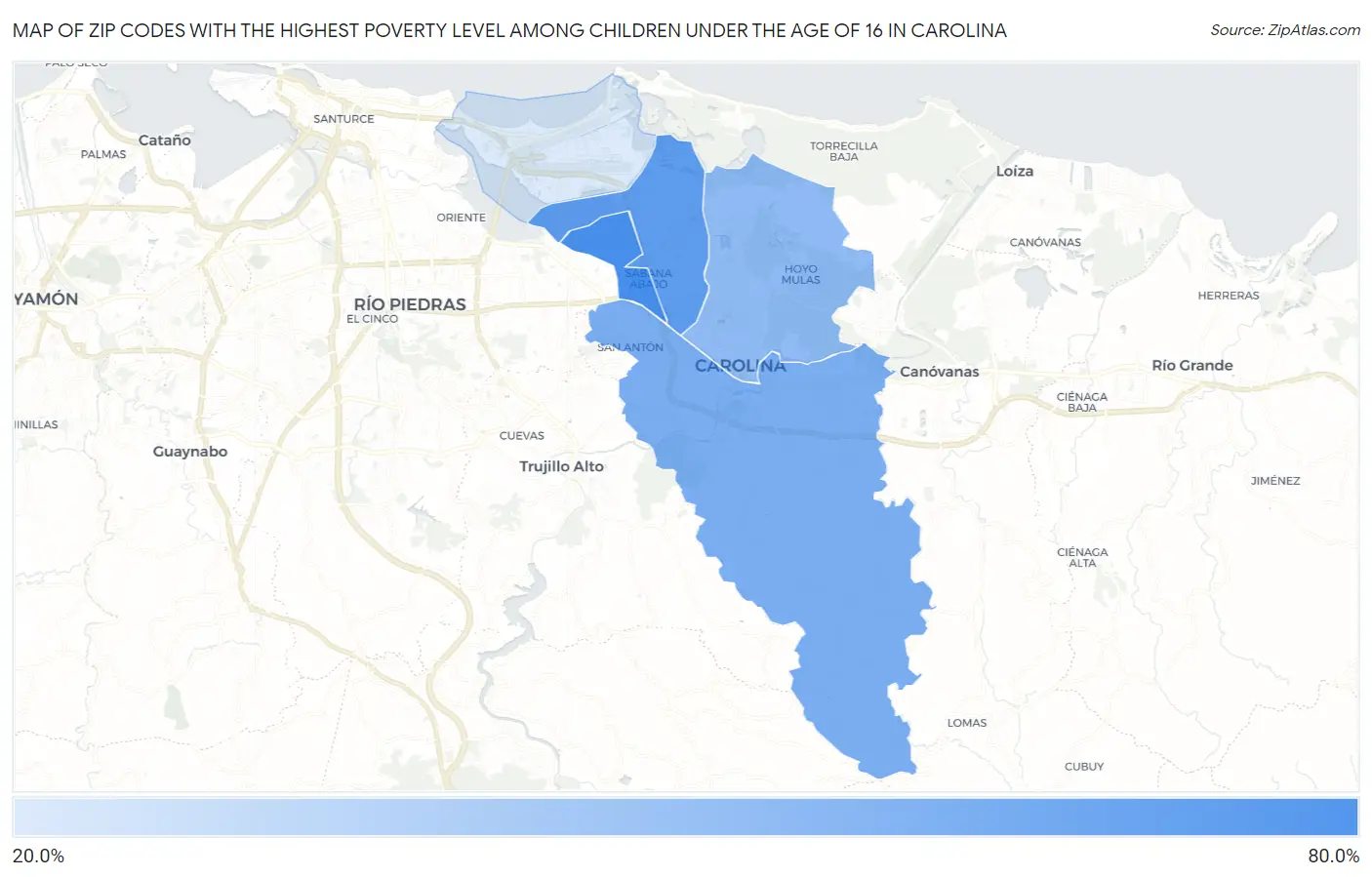 Zip Codes with the Highest Poverty Level Among Children Under the Age of 16 in Carolina Map