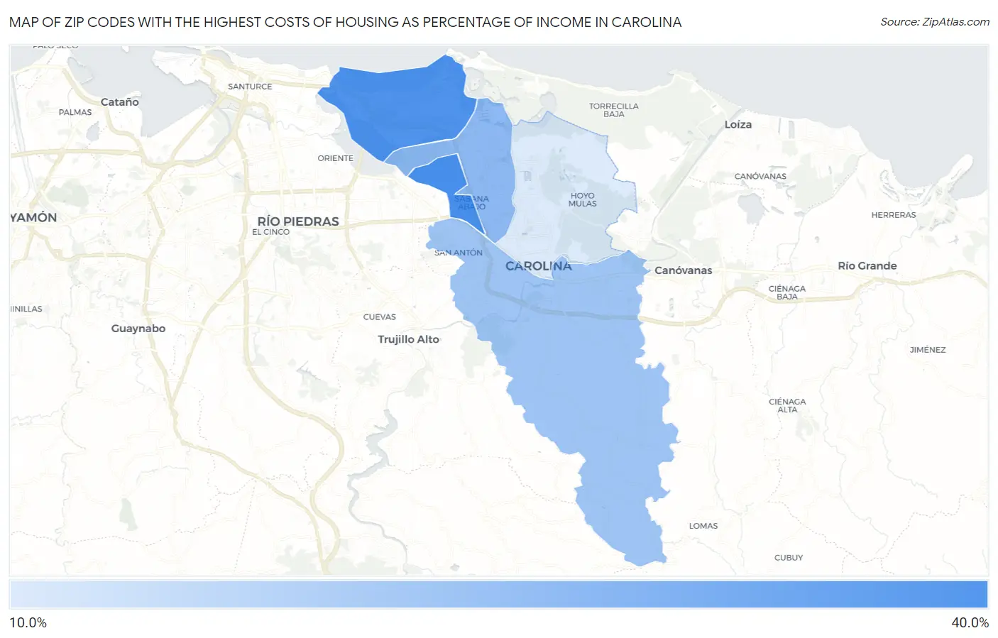 Zip Codes with the Highest Costs of Housing as Percentage of Income in Carolina Map