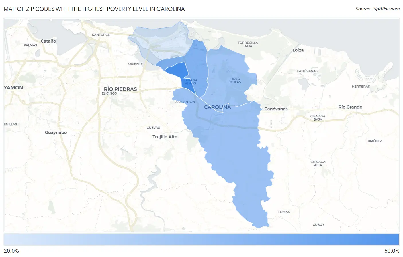 Zip Codes with the Highest Poverty Level in Carolina Map