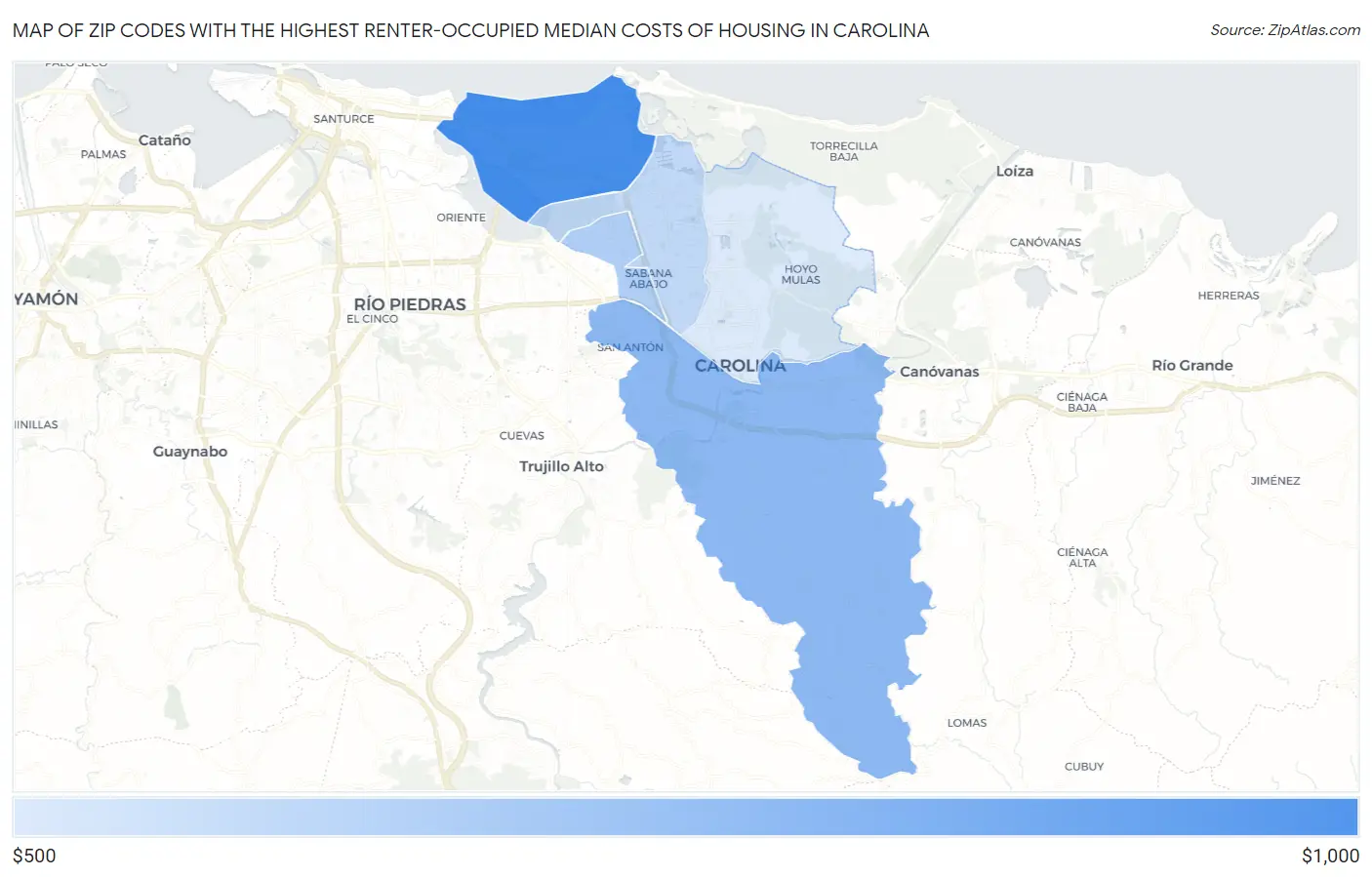 Zip Codes with the Highest Renter-Occupied Median Costs of Housing in Carolina Map