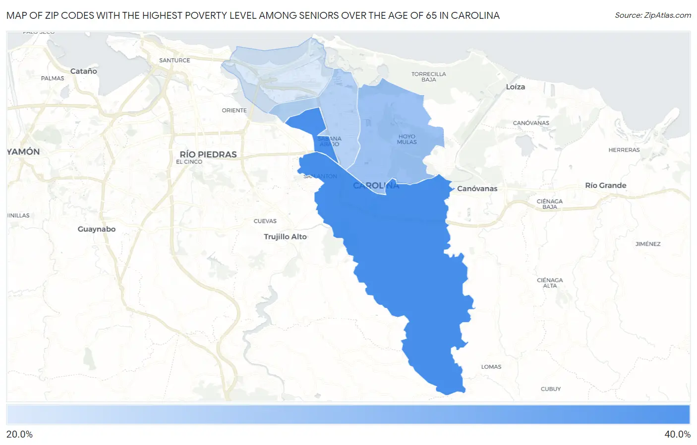 Zip Codes with the Highest Poverty Level Among Seniors Over the Age of 65 in Carolina Map