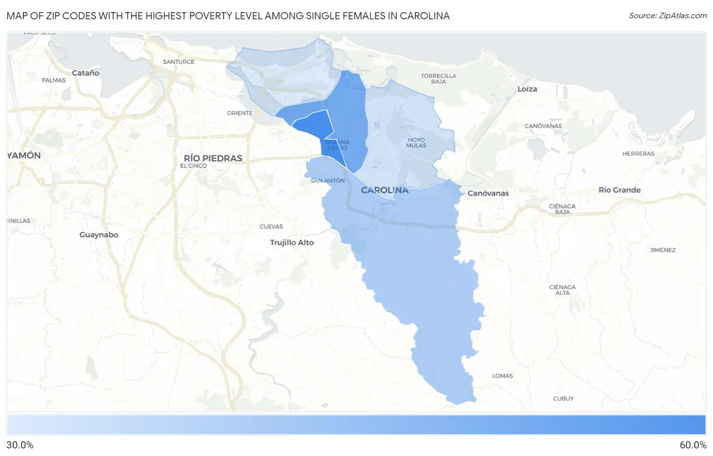 Zip Codes with the Highest Poverty Level Among Single Females in Carolina Map