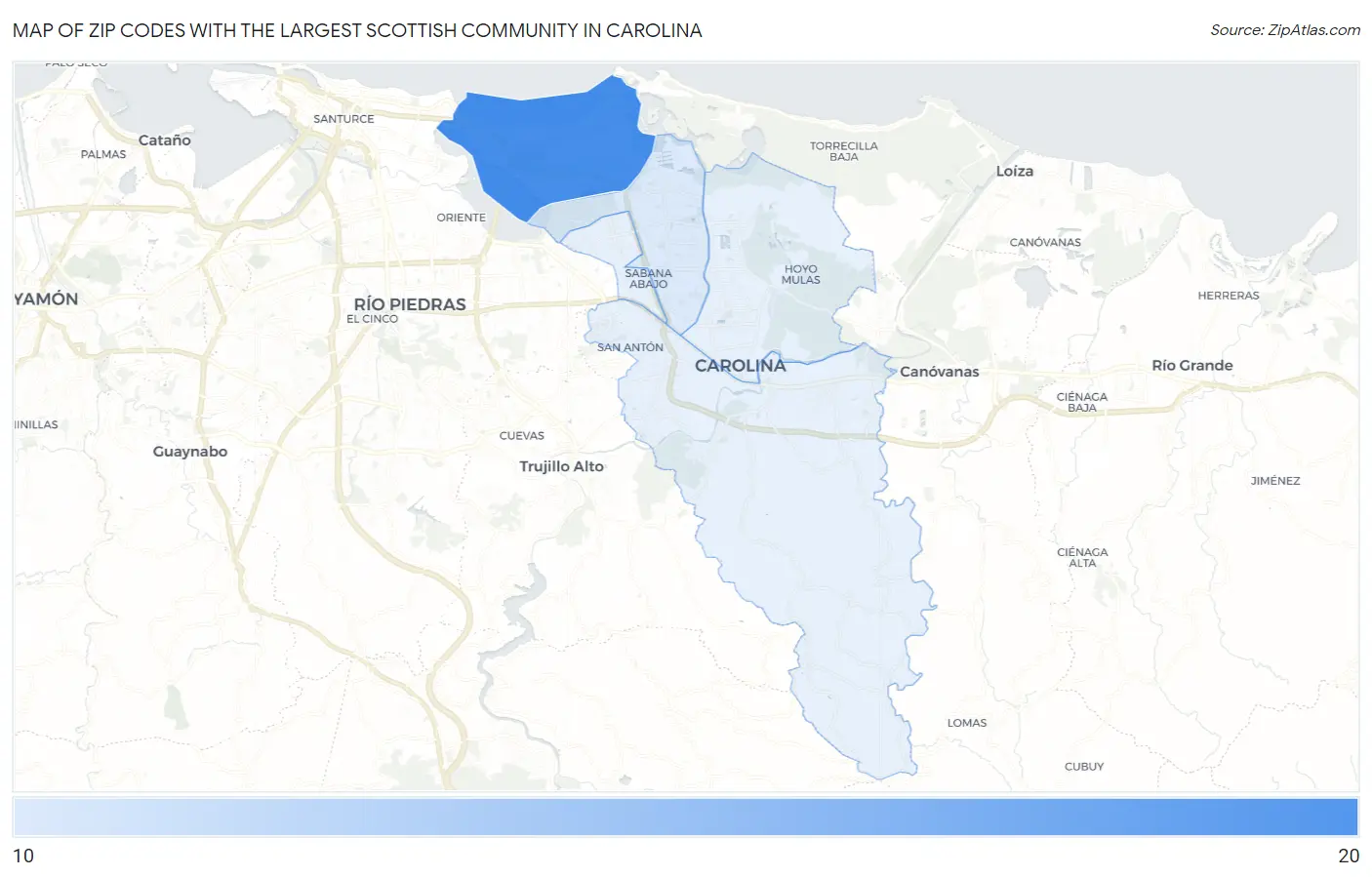 Zip Codes with the Largest Scottish Community in Carolina Map
