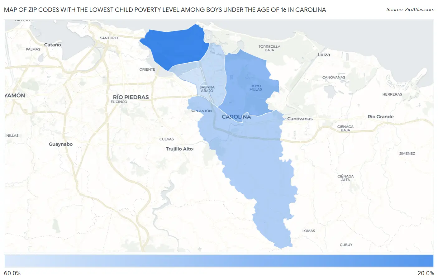 Zip Codes with the Lowest Child Poverty Level Among Boys Under the Age of 16 in Carolina Map
