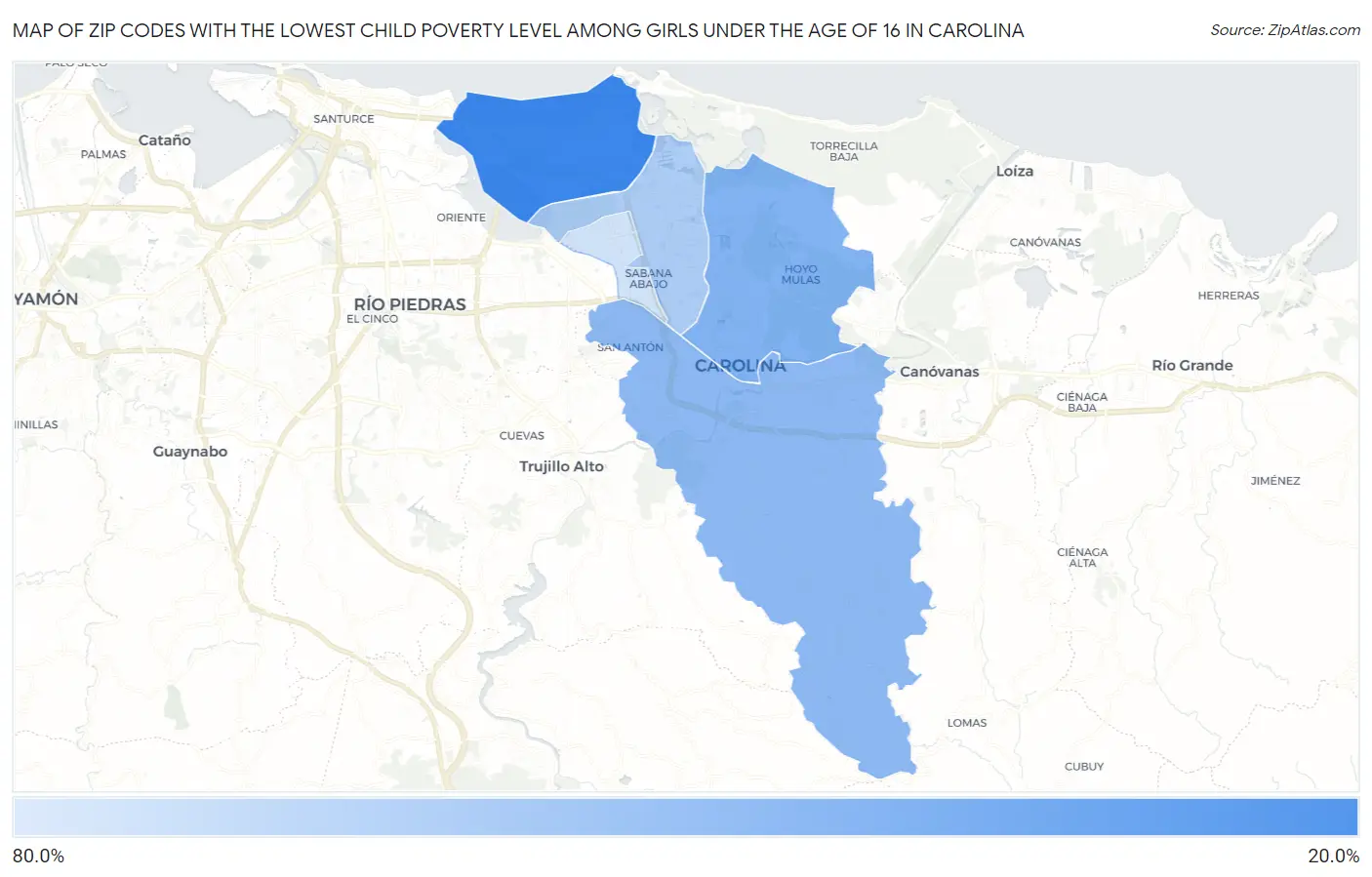 Zip Codes with the Lowest Child Poverty Level Among Girls Under the Age of 16 in Carolina Map