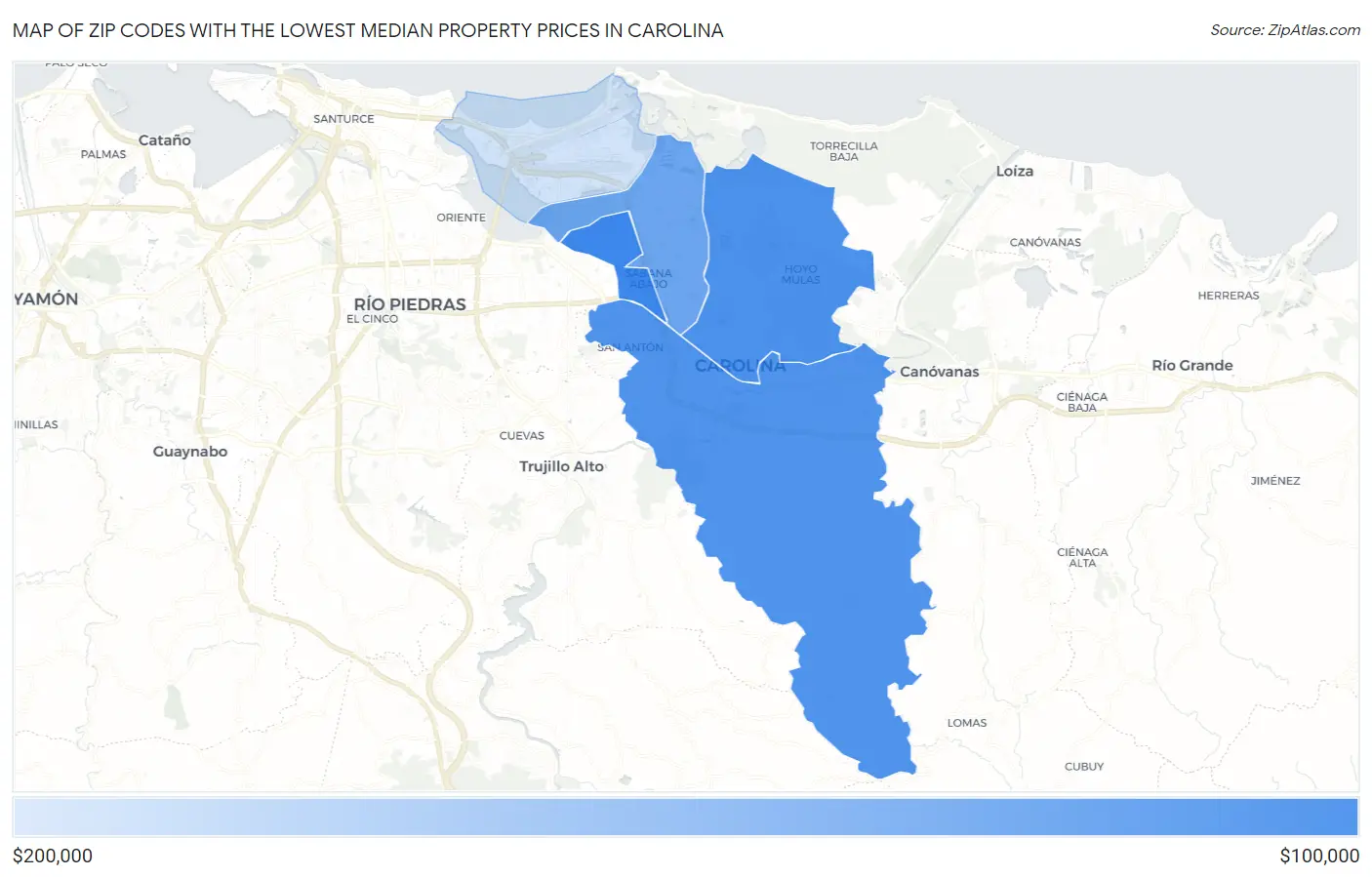 Zip Codes with the Lowest Median Property Prices in Carolina Map