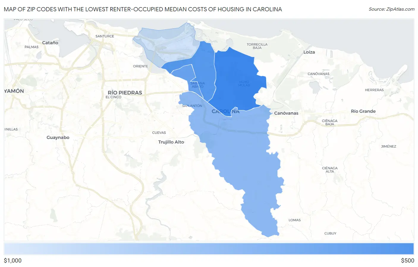 Zip Codes with the Lowest Renter-Occupied Median Costs of Housing in Carolina Map
