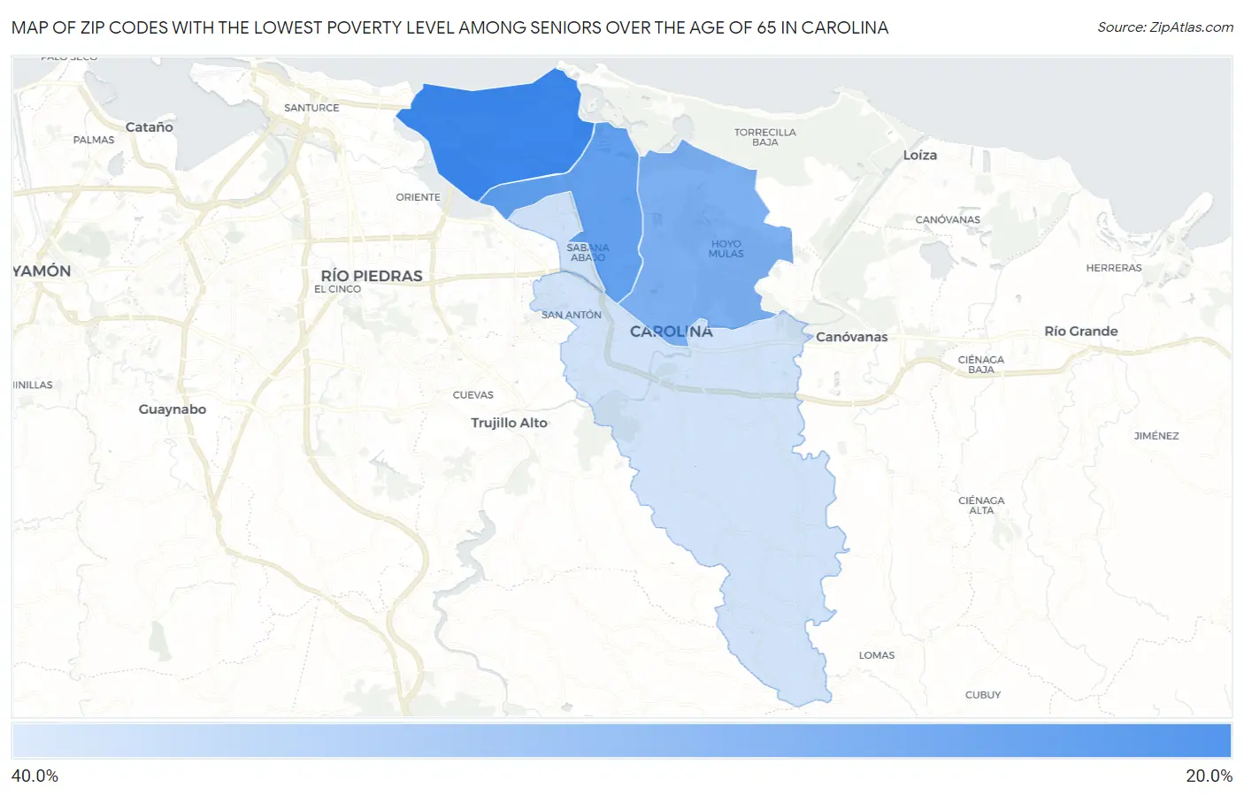 Zip Codes with the Lowest Poverty Level Among Seniors Over the Age of 65 in Carolina Map