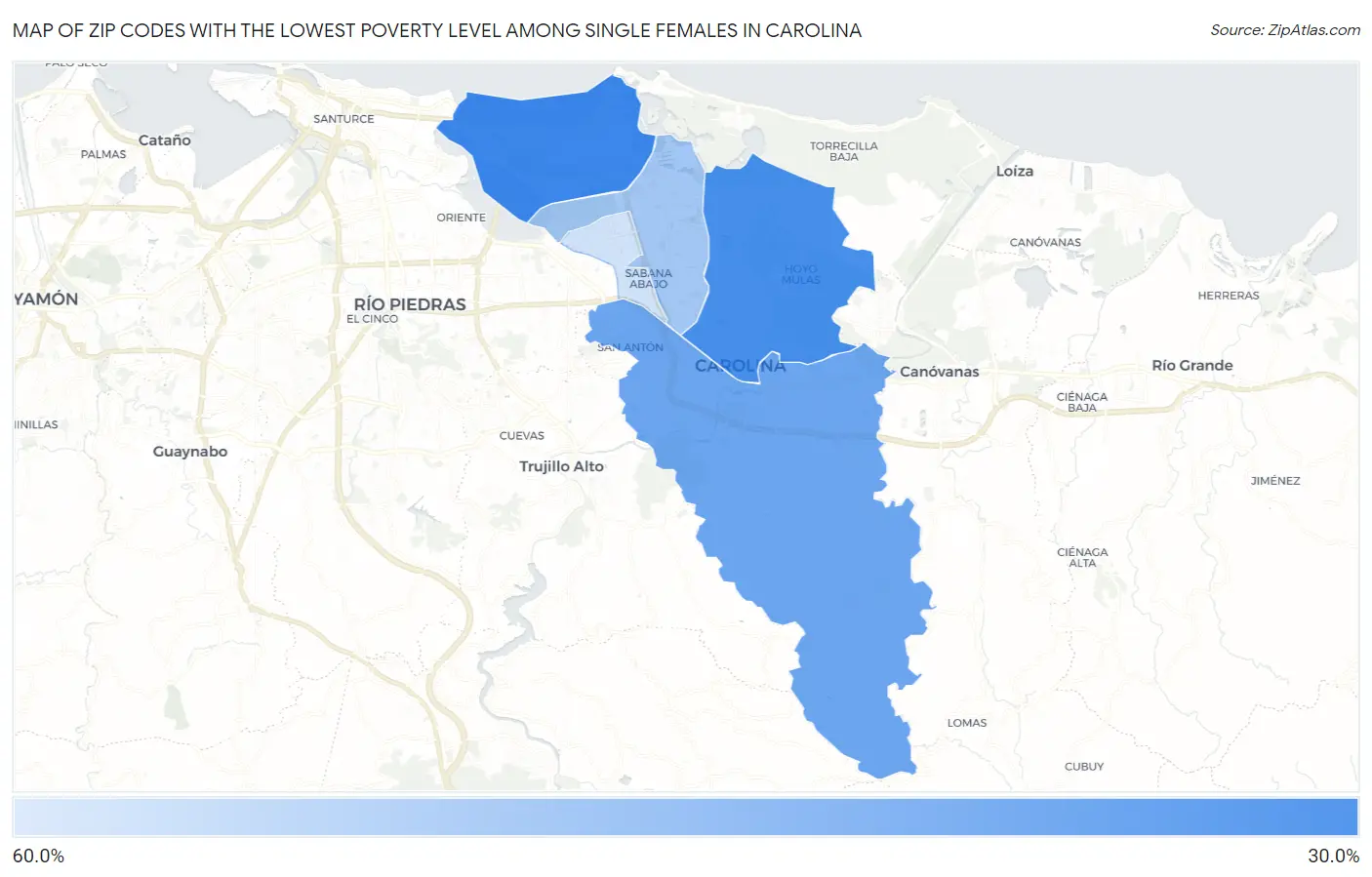 Zip Codes with the Lowest Poverty Level Among Single Females in Carolina Map
