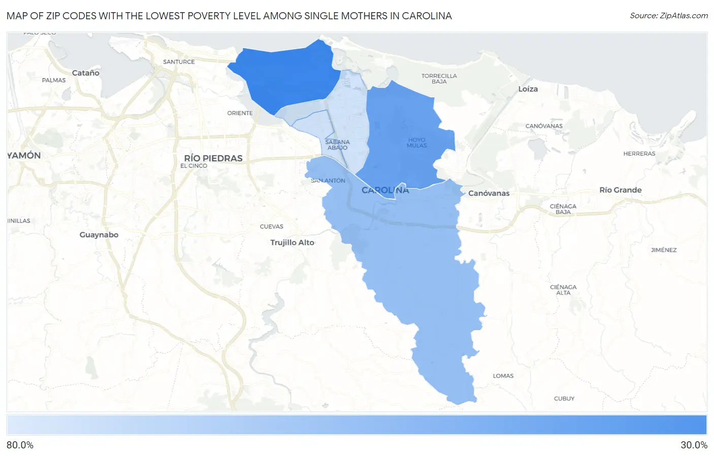 Zip Codes with the Lowest Poverty Level Among Single Mothers in Carolina Map