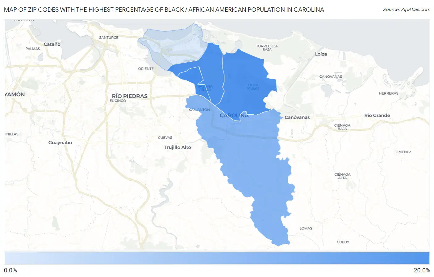 Zip Codes with the Highest Percentage of Black / African American Population in Carolina Map