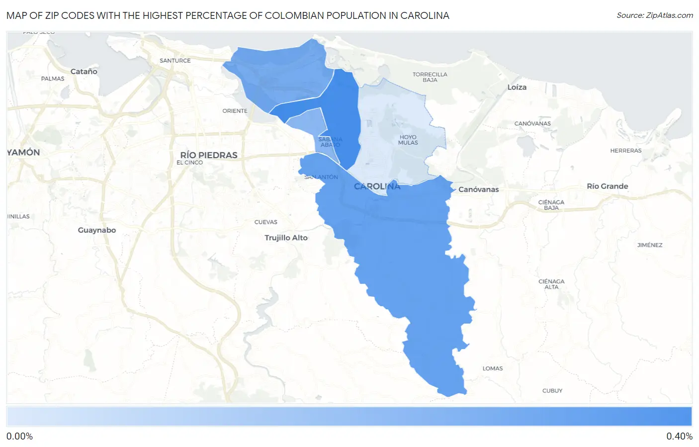 Zip Codes with the Highest Percentage of Colombian Population in Carolina Map