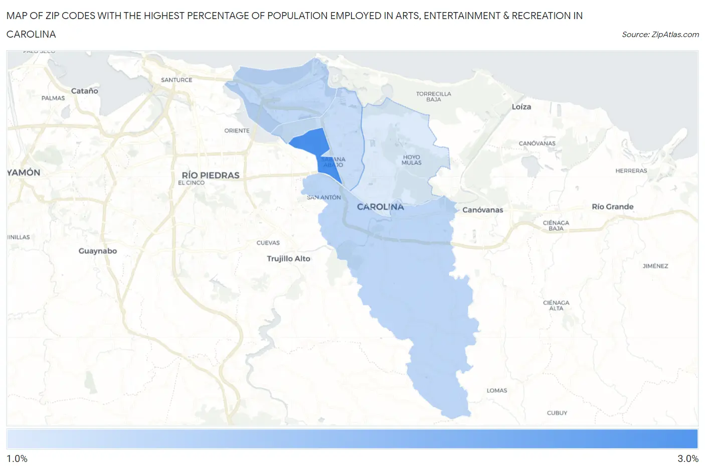 Zip Codes with the Highest Percentage of Population Employed in Arts, Entertainment & Recreation in Carolina Map