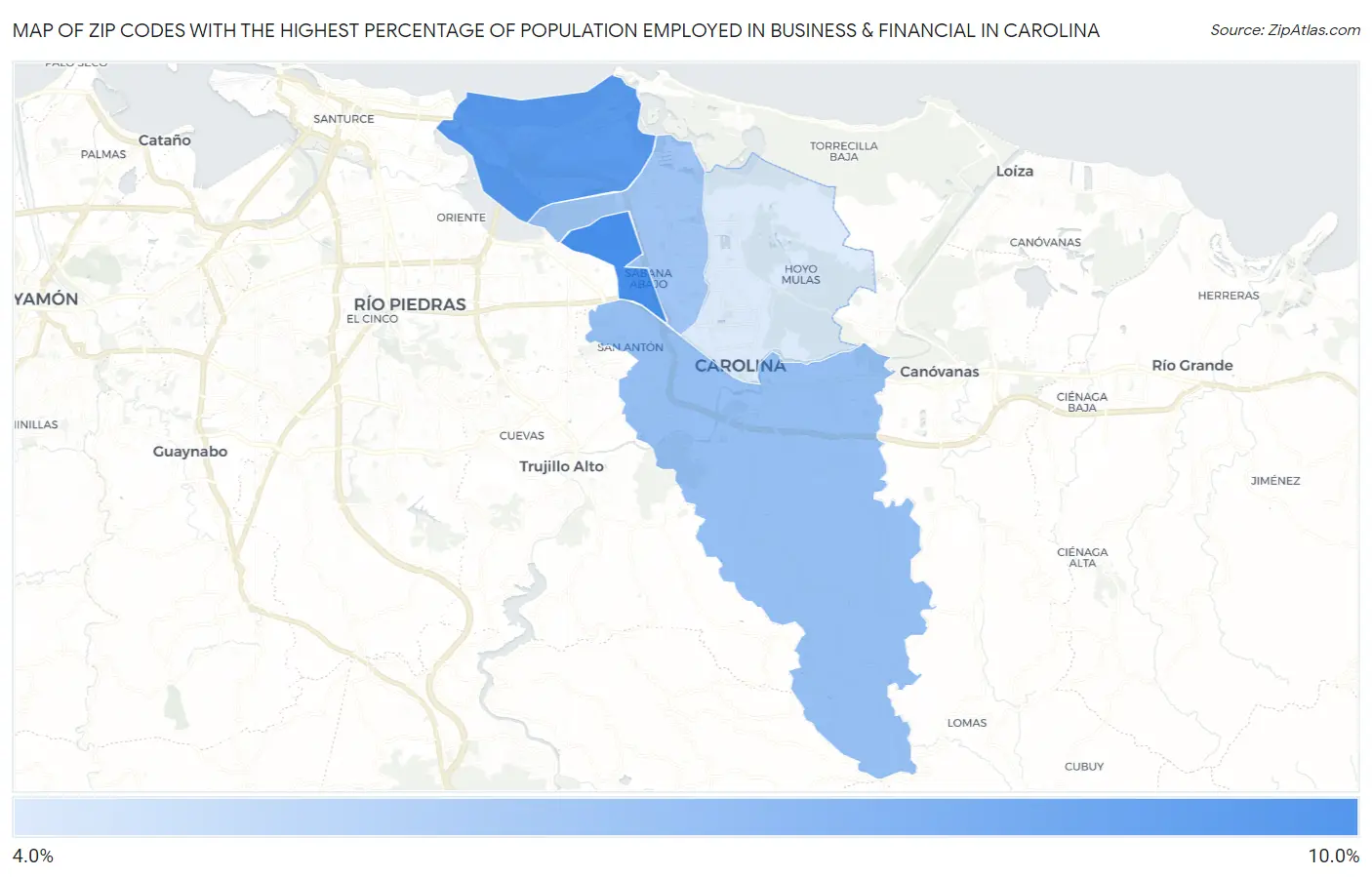Zip Codes with the Highest Percentage of Population Employed in Business & Financial in Carolina Map