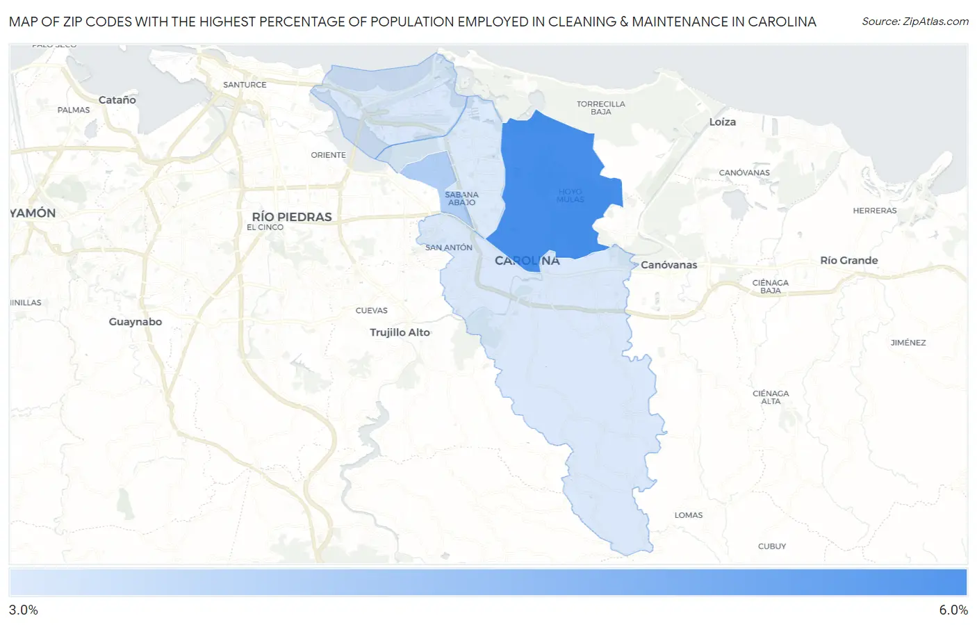 Zip Codes with the Highest Percentage of Population Employed in Cleaning & Maintenance in Carolina Map