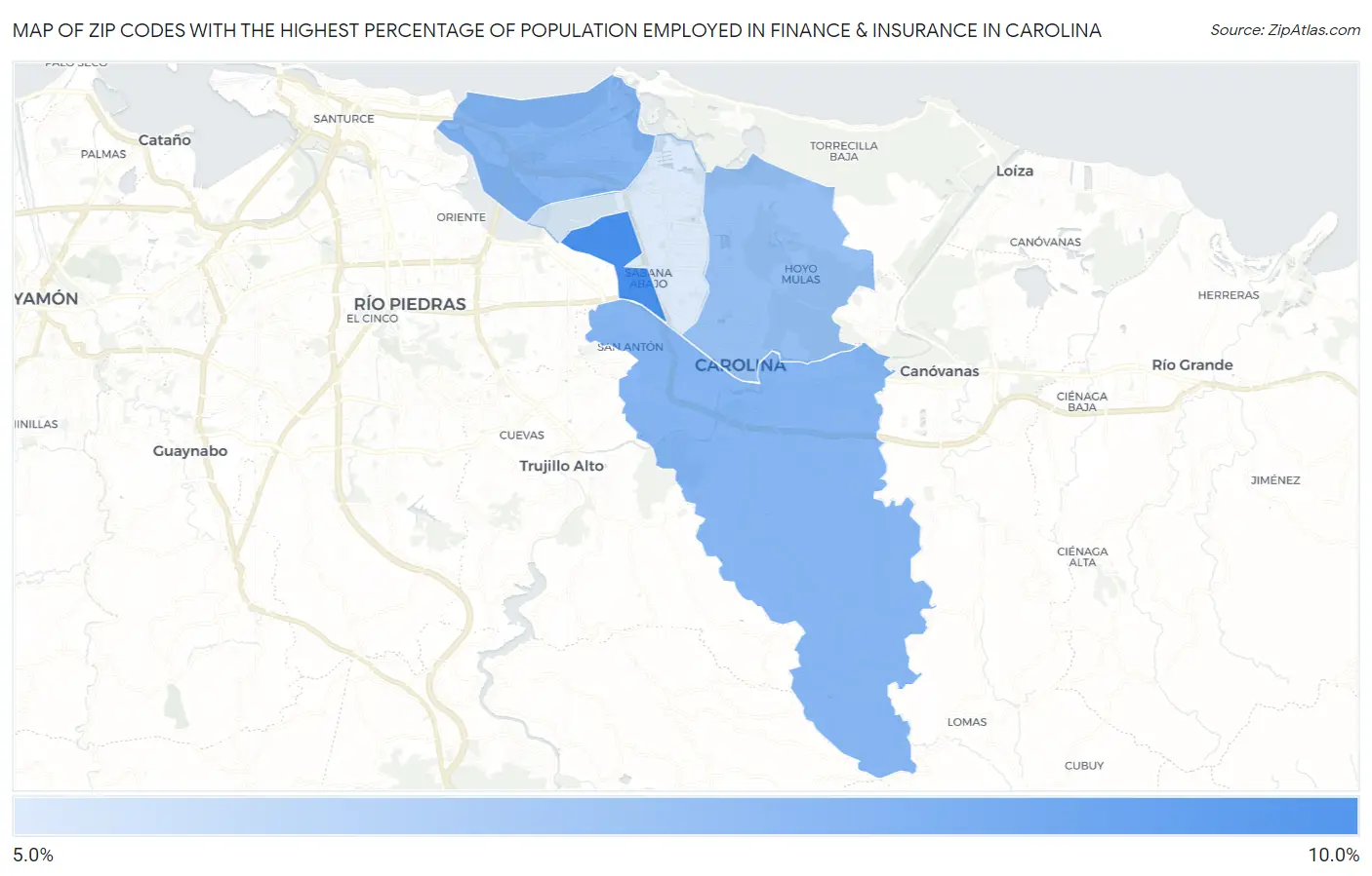 Zip Codes with the Highest Percentage of Population Employed in Finance & Insurance in Carolina Map
