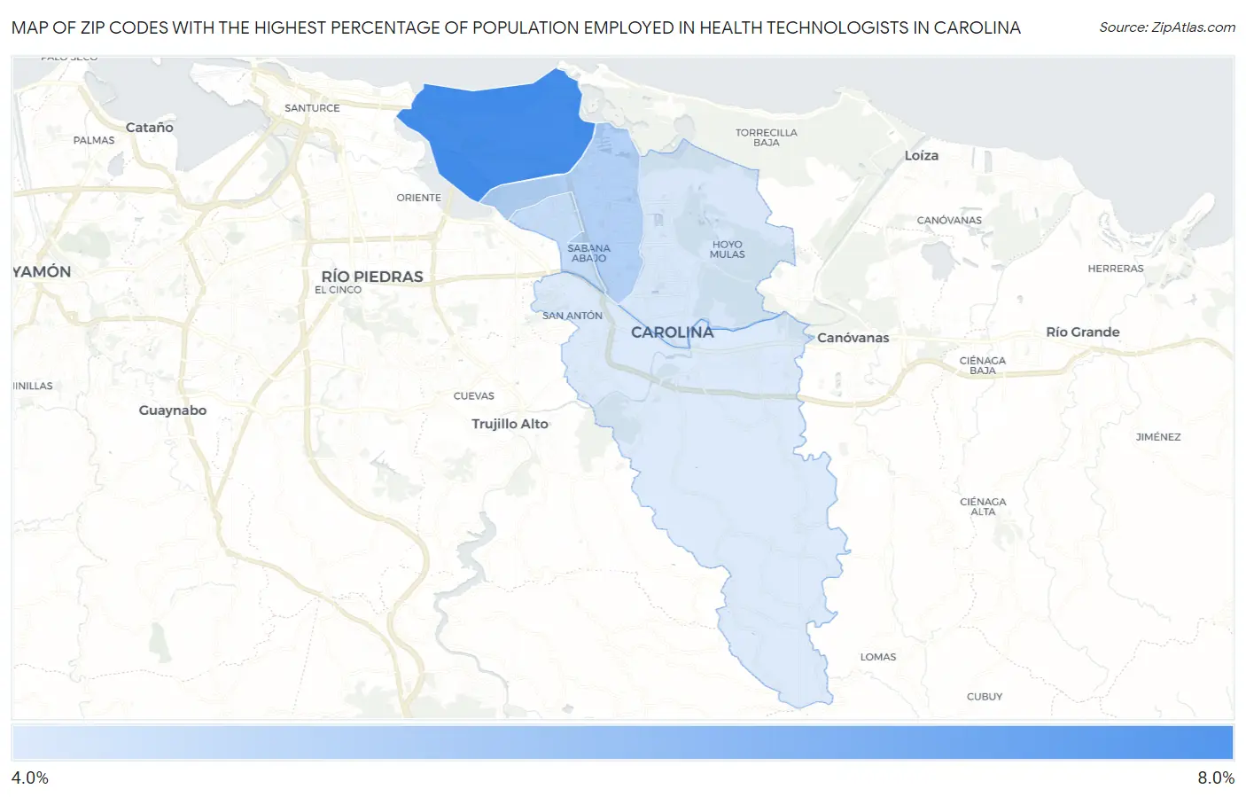 Zip Codes with the Highest Percentage of Population Employed in Health Technologists in Carolina Map