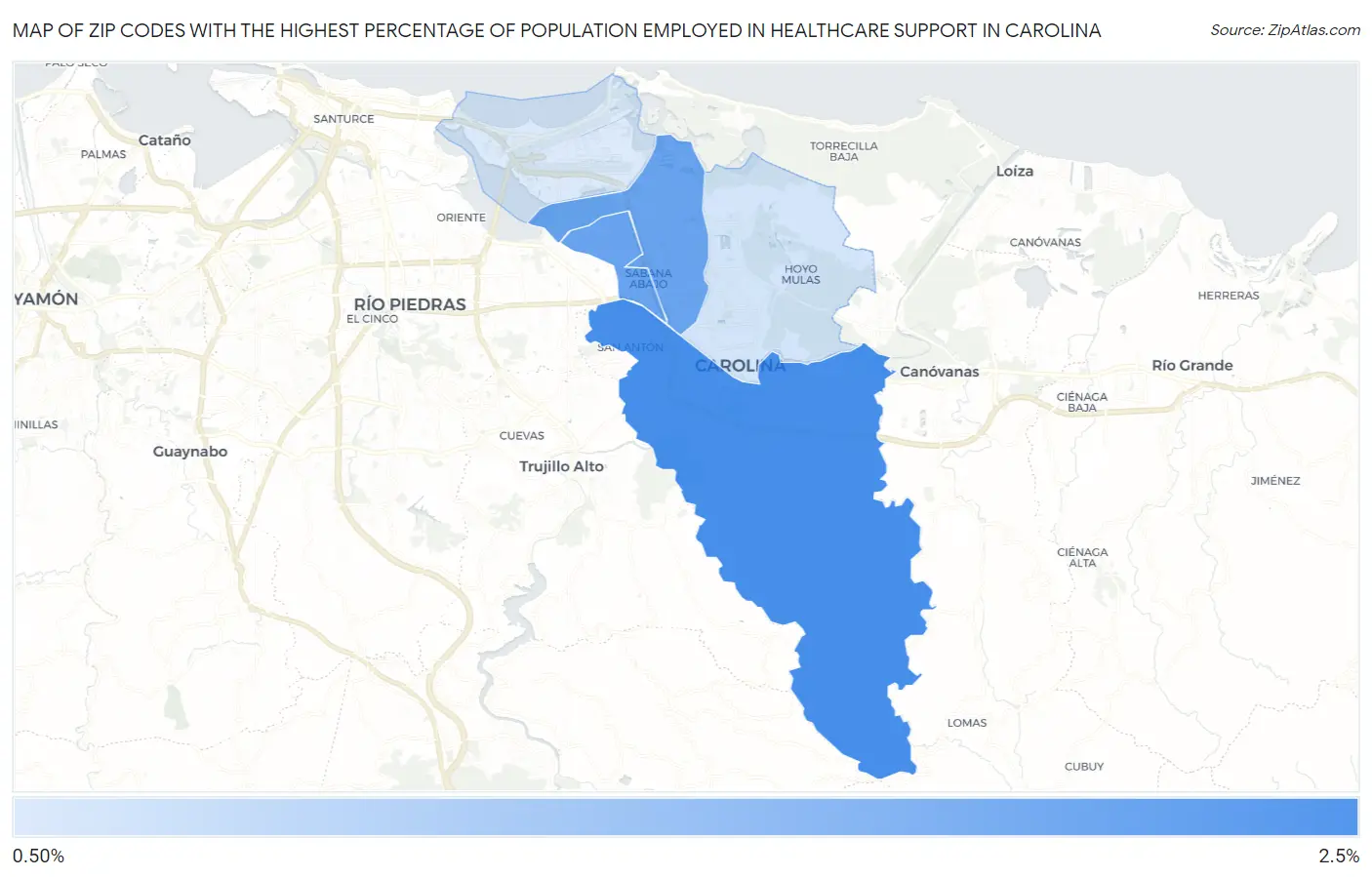 Zip Codes with the Highest Percentage of Population Employed in Healthcare Support in Carolina Map