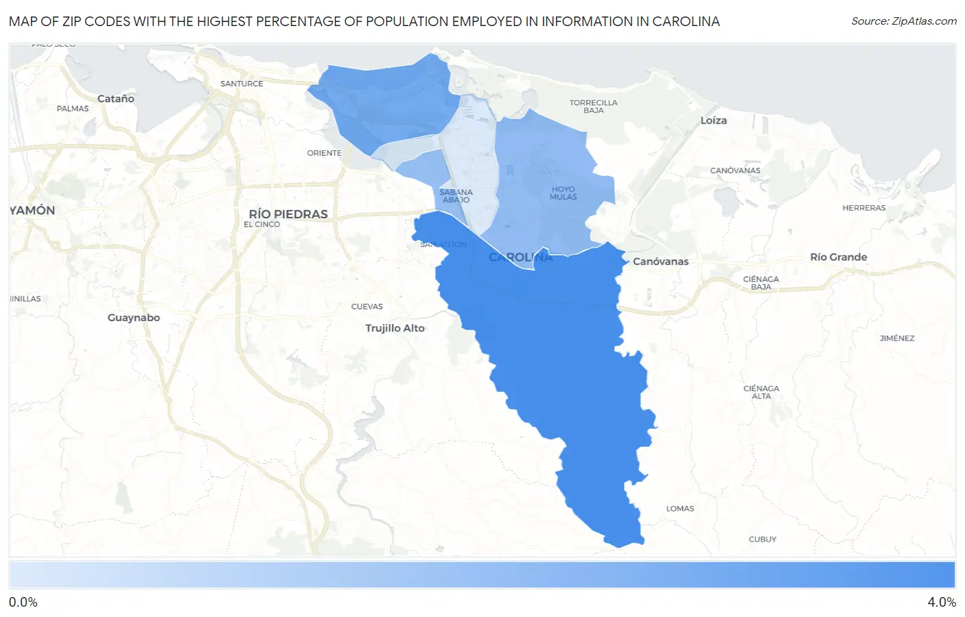 Zip Codes with the Highest Percentage of Population Employed in Information in Carolina Map