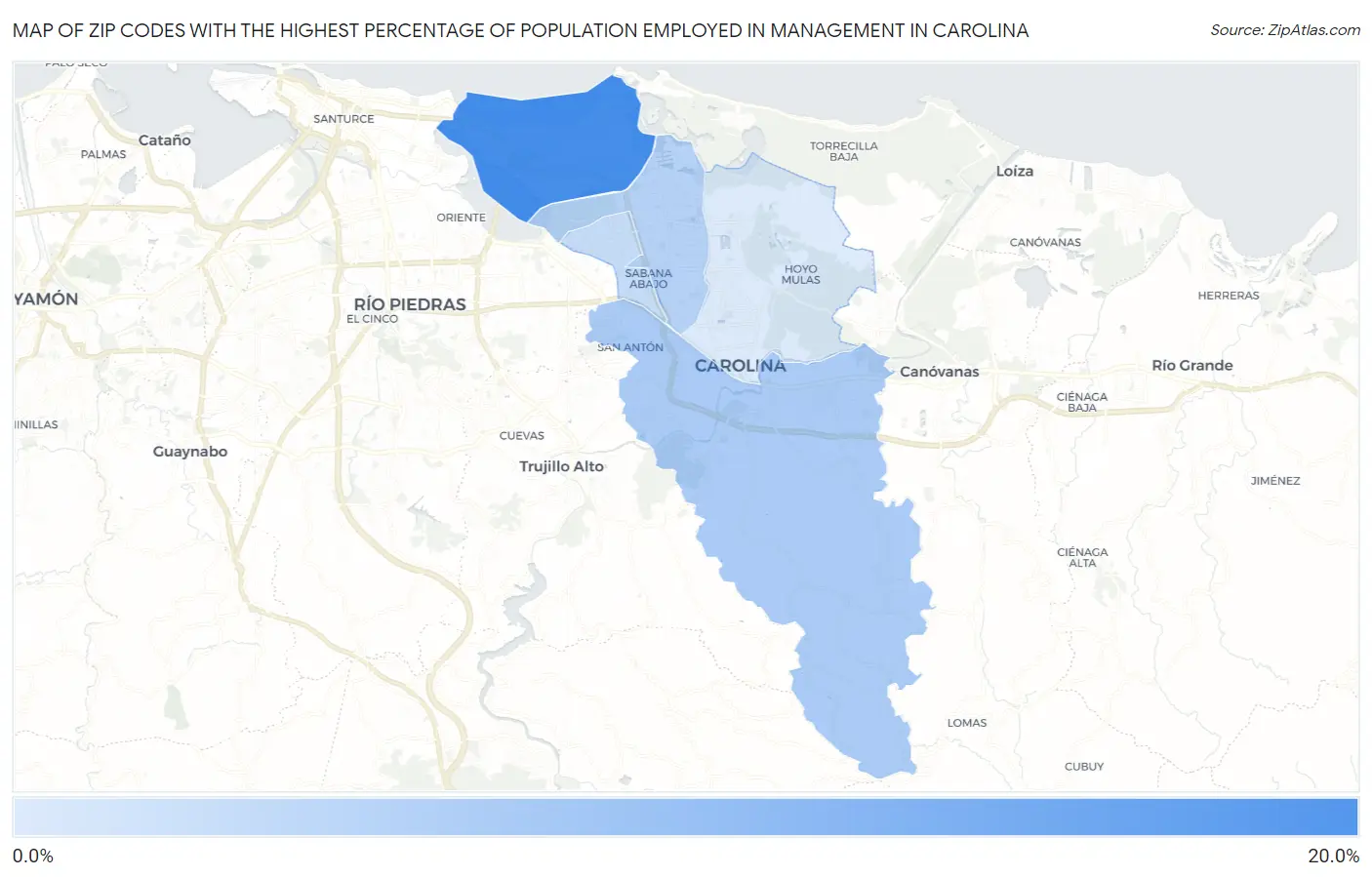 Zip Codes with the Highest Percentage of Population Employed in Management in Carolina Map