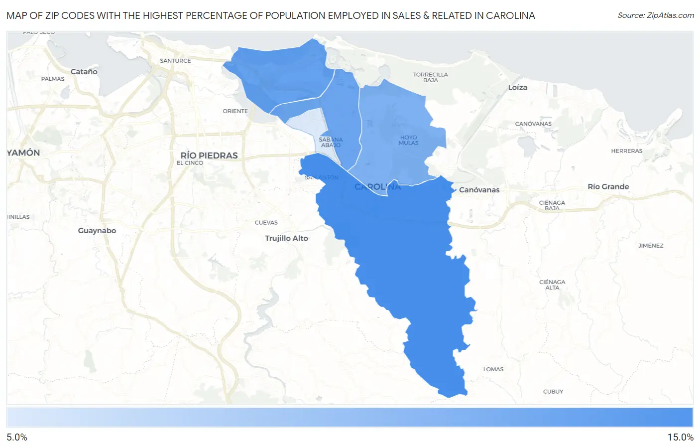 Zip Codes with the Highest Percentage of Population Employed in Sales & Related in Carolina Map