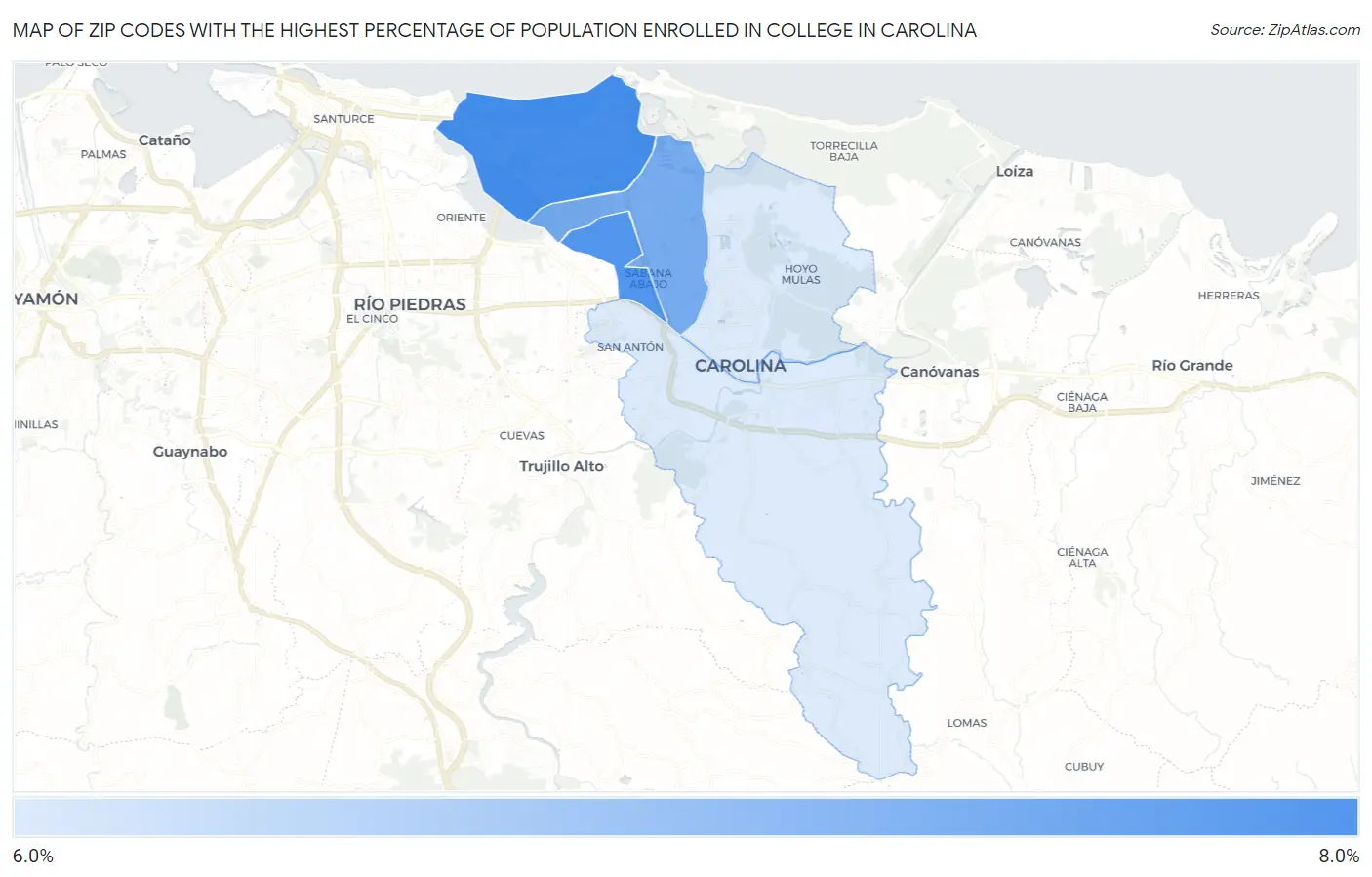 Zip Codes with the Highest Percentage of Population Enrolled in College in Carolina Map
