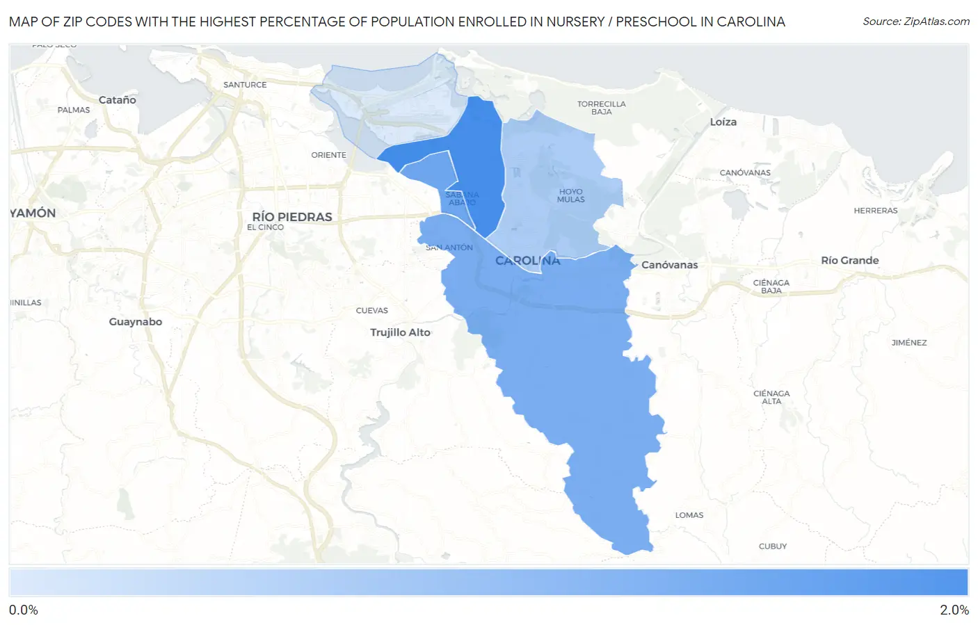 Zip Codes with the Highest Percentage of Population Enrolled in Nursery / Preschool in Carolina Map