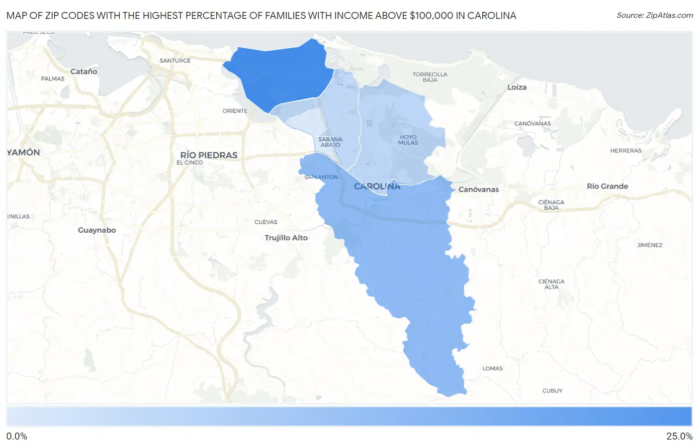 Zip Codes with the Highest Percentage of Families with Income Above $100,000 in Carolina Map