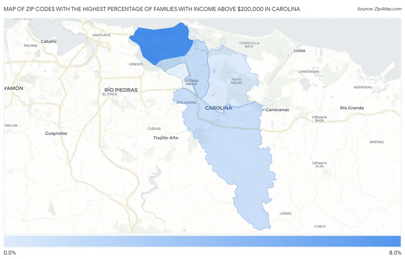 Zip Codes with the Highest Percentage of Families with Income Above $200,000 in Carolina Map