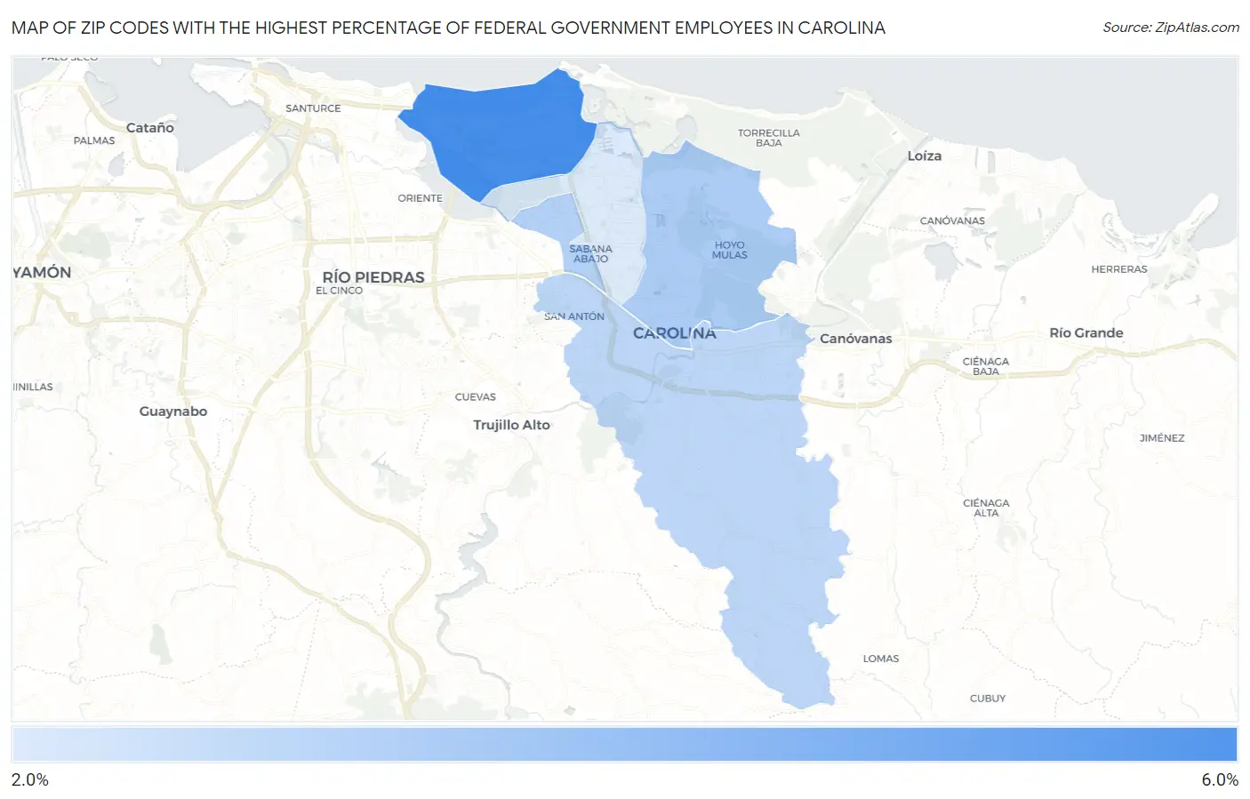 Zip Codes with the Highest Percentage of Federal Government Employees in Carolina Map