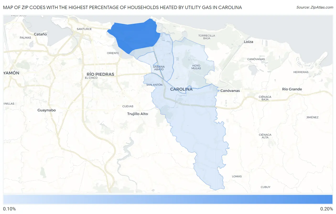 Zip Codes with the Highest Percentage of Households Heated by Utility Gas in Carolina Map