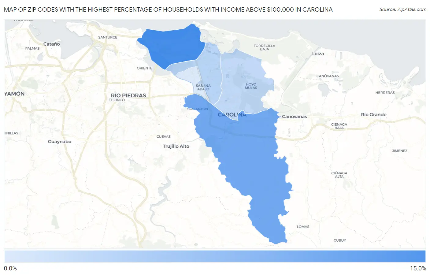 Zip Codes with the Highest Percentage of Households with Income Above $100,000 in Carolina Map