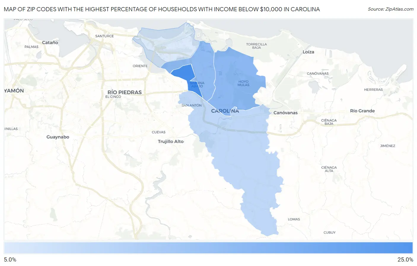 Zip Codes with the Highest Percentage of Households with Income Below $10,000 in Carolina Map