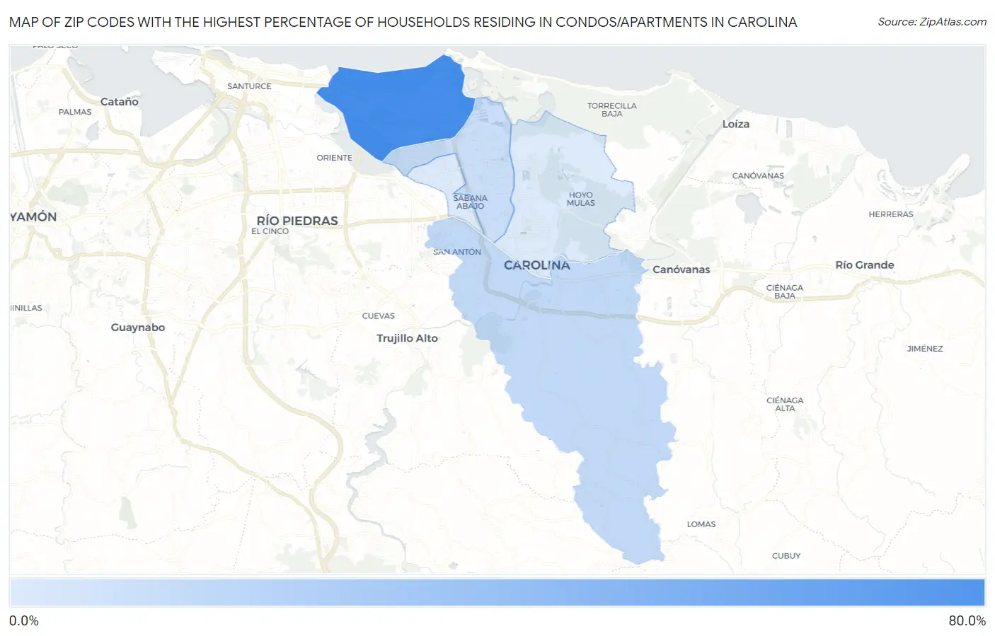 Zip Codes with the Highest Percentage of Households Residing in Condos/Apartments in Carolina Map