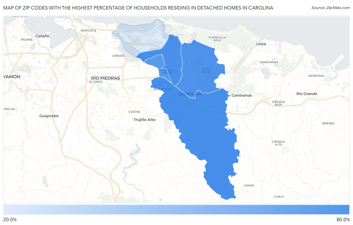 Zip Codes with the Highest Percentage of Households Residing in Detached Homes in Carolina Map