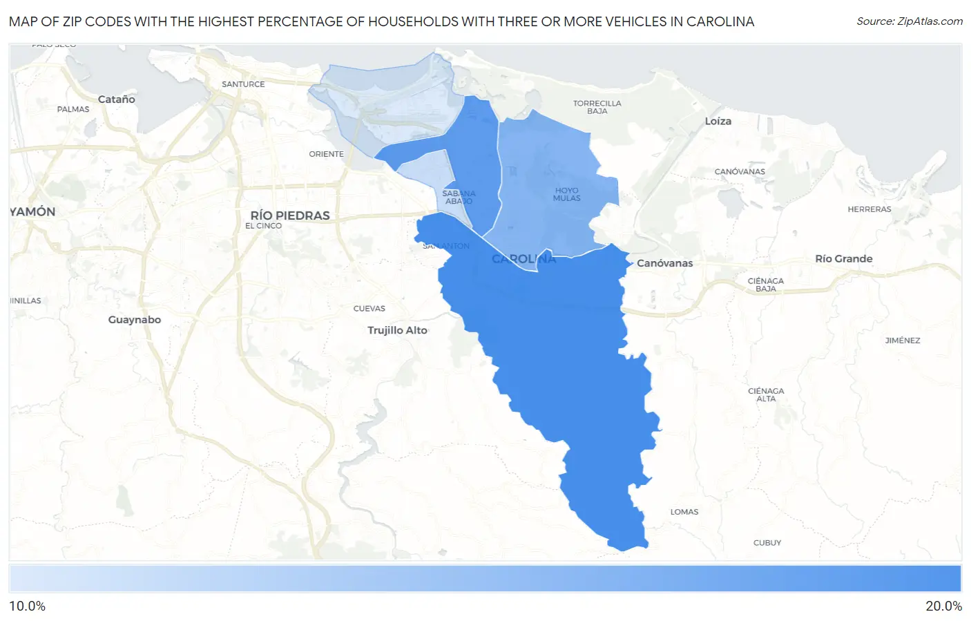 Zip Codes with the Highest Percentage of Households With Three or more Vehicles in Carolina Map