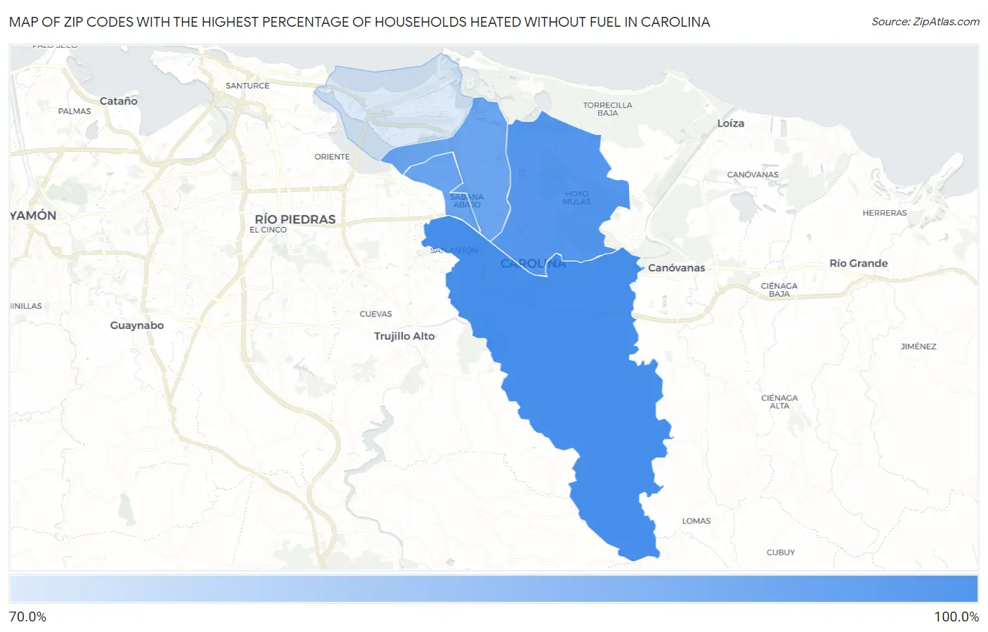 Zip Codes with the Highest Percentage of Households Heated without Fuel in Carolina Map