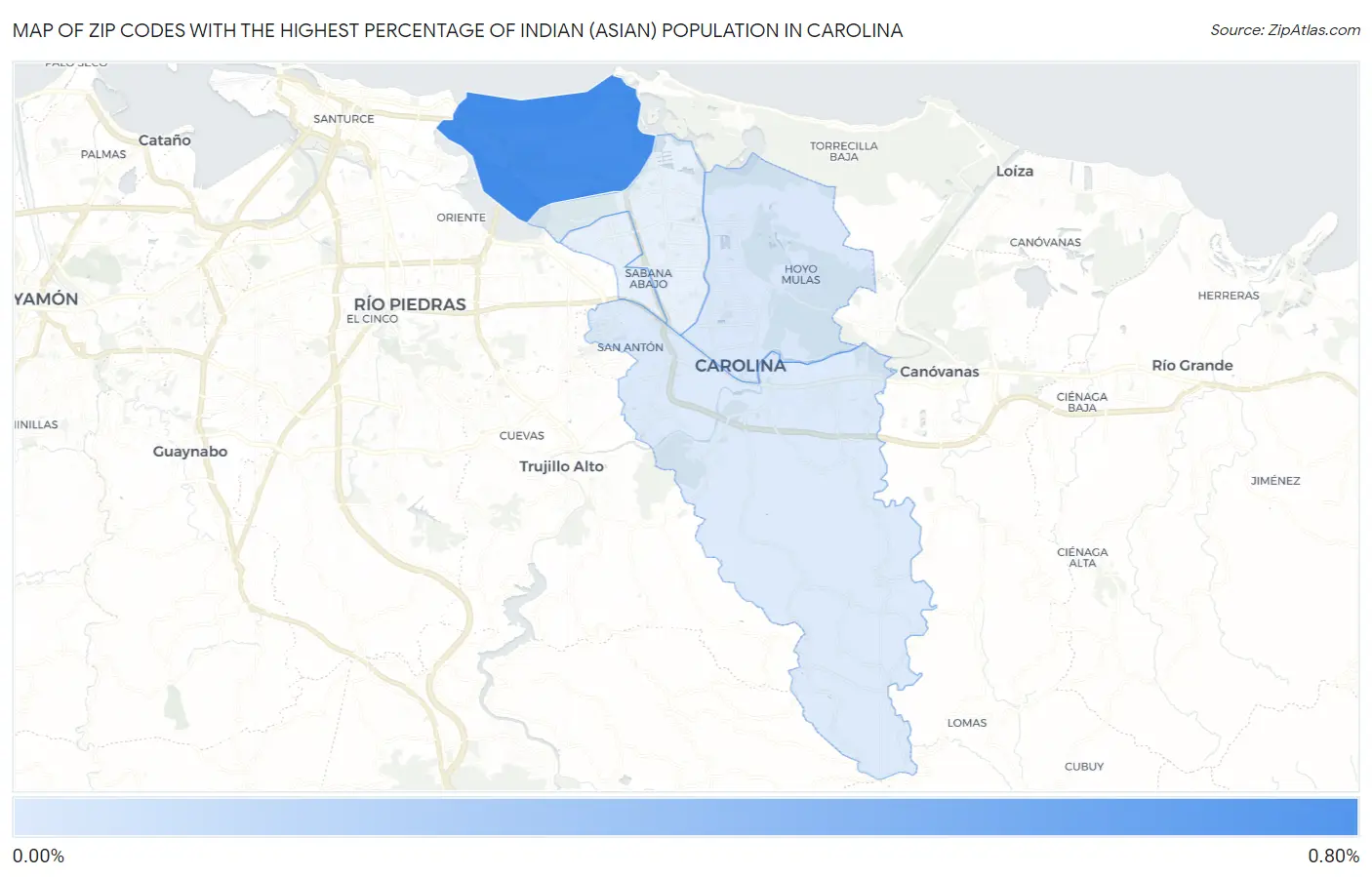 Zip Codes with the Highest Percentage of Indian (Asian) Population in Carolina Map