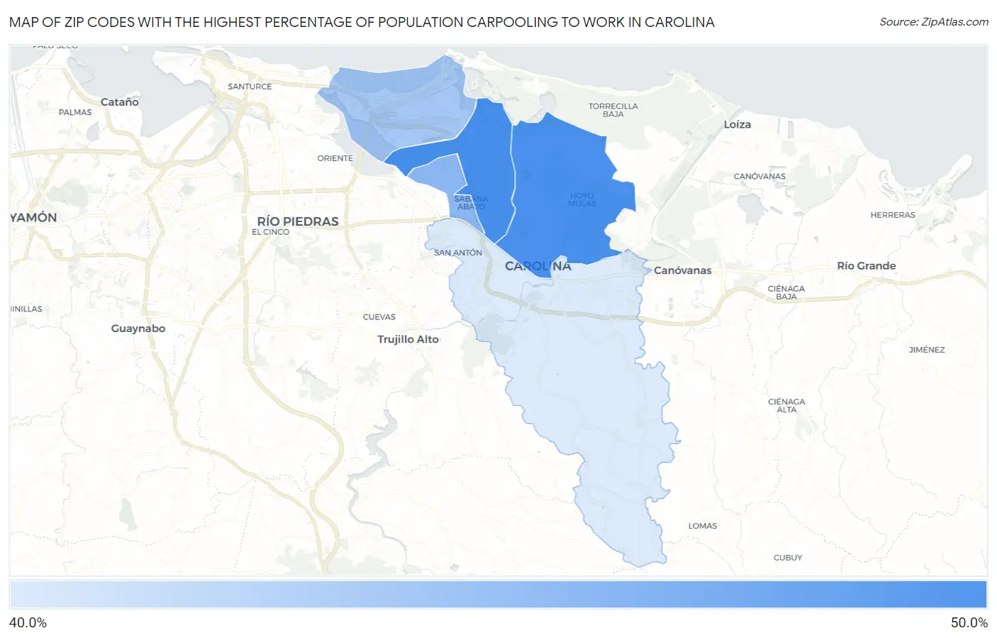Zip Codes with the Highest Percentage of Population Carpooling to Work in Carolina Map