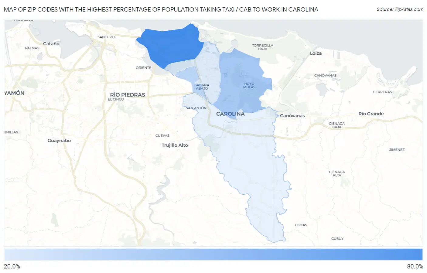 Zip Codes with the Highest Percentage of Population Taking Taxi / Cab to Work in Carolina Map